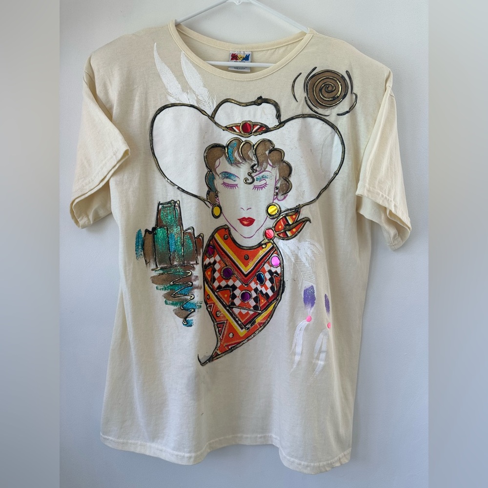 Vtg Focus Ivory Cotton Blend Embellished Cowgirl Western Long T-Shirt One Size